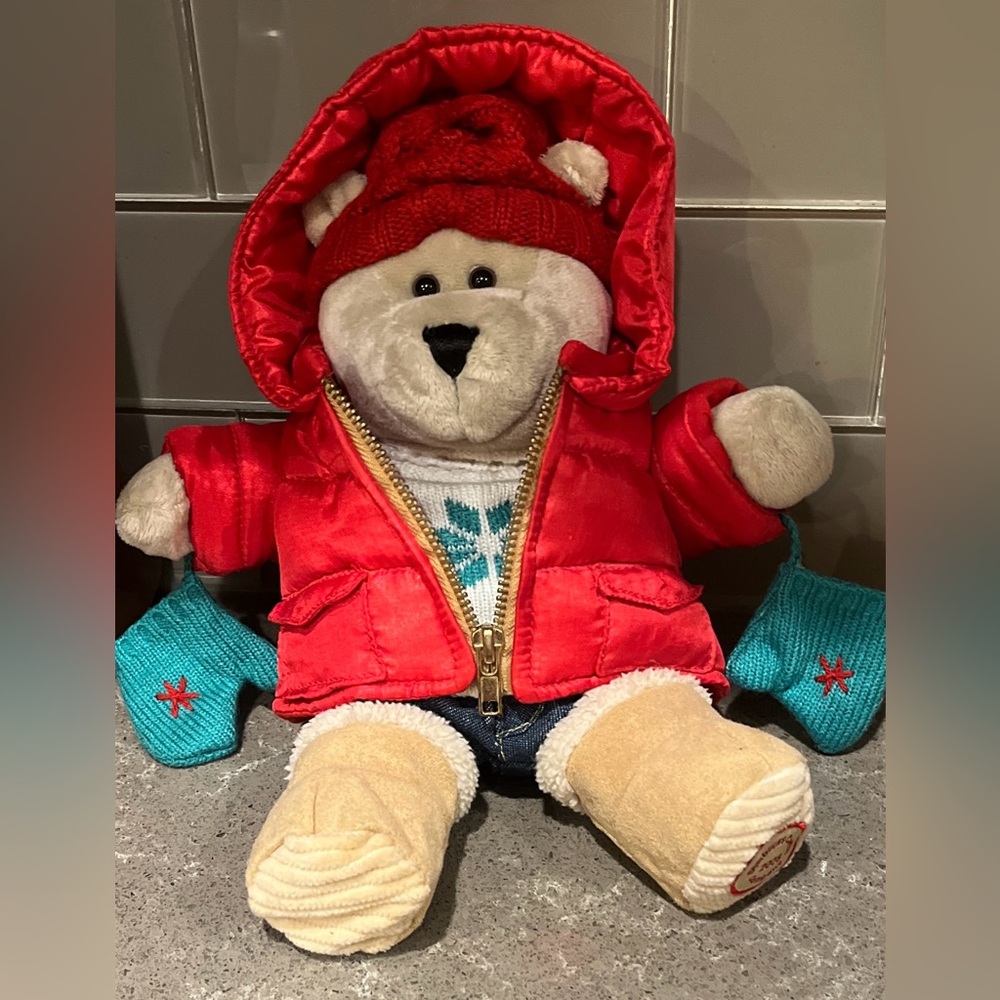 2006 Starbucks Barista Plush Bear in Red Coat with Teal Mittens